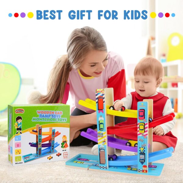 Montessori Toys for Toddlers, Children Race Track Toy with 4 Cars and 1 Wooden Parking Lot, Stable Base, Car Ramp Toy for 2 3 Year Old Boy Girl Gifts, 18 Month Old Toys for Kids - Image 2