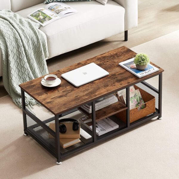 VECELO Coffee Center Table with Storage for Living Room Office Reception, Modern & Industrial Mesh Shelf, 39.4 Inch, Rustic Brown - Image 4