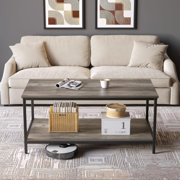 SAYGOER 2-Tier Coffee Table for Living Room Farmhouse Style Center Table with Storage Shelf Rectangle Wood Table for Large or Small Spaces Apartment Home Office, Easy Assembly Gray Wash - Image 2