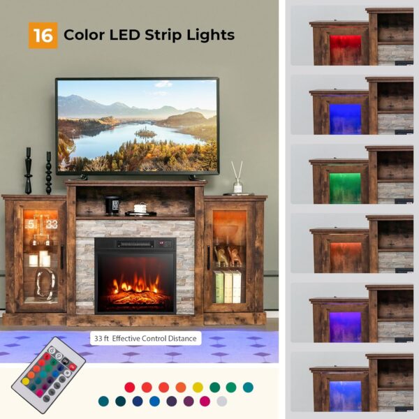 GOFLAME Fireplace TV Stand with LED Lights for TV up to 65”, Entertainment Center with 18” Electric Fireplace, Remote & APP Control, TV Console with Adjustable Glass Shelves (Brown) - Image 2