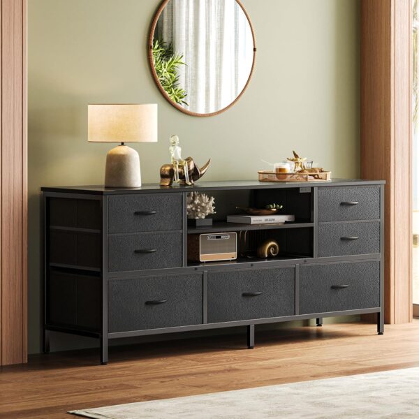 Dresser for Bedroom with Power Outlets and LED Lights, 7 Drawers TV Stand Dresser for 55 Inch TV, 47 Inches TV Console with Open Shelf, Wide Black Dresser, PU Leather, for Bedroom - Image 6