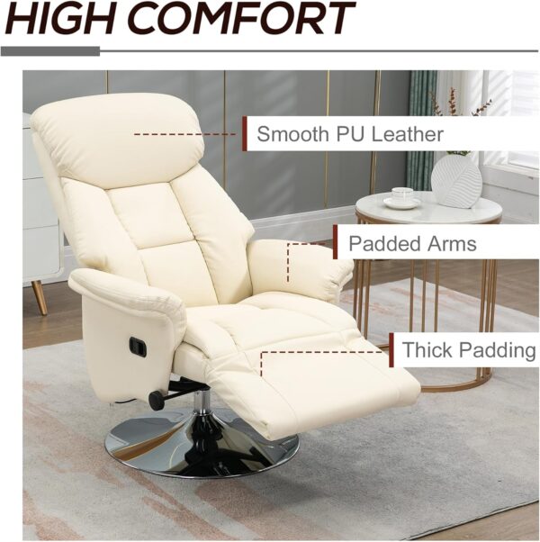 HOMCOM Swivel Recliner Chair, PU Leather Reclining Chair with Retractable Footrest, Padded Arms for Living Room - Cream White - Image 6