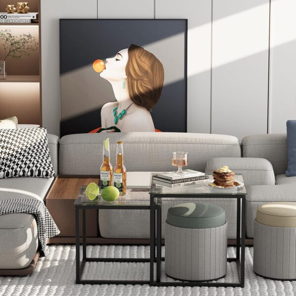VILAWLENCE Coffee Table Set of 2, Modern Black Glass Side Table, Metal Frame Square End Table, Center Tables,Nesting Coffee Table for Living Room,Bedroom and Small Spaces - Image 5