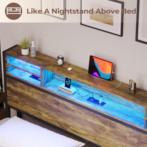King Size Bed Frame with Storage Headboard, King Bed Frame with USB Ports & Charging Outlets, Upgraded 2-Row Support Bars, No Box Spring Needed, Vintage Brown&Black - Image 4
