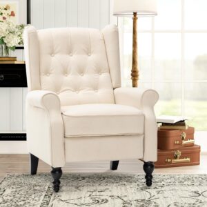Mid Century Wingback Recliner Chair for Adults, Modern Linen Fabric Push Back Recliner Chairs with Button Tufted Upholstered Back & Footrest, Manual Recliner Chais for Living Room, Nursery, Gray