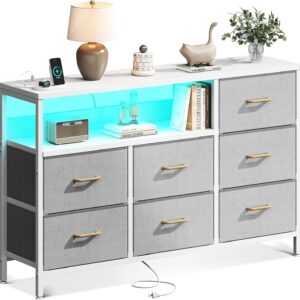AODK Dresser with LED Lights and Charging Station, 52-Inch Long Dresser for Bedoom with 7 Large Storage Drawers, Fabric Dresser TV Stand with Open Shelves, Light Grey