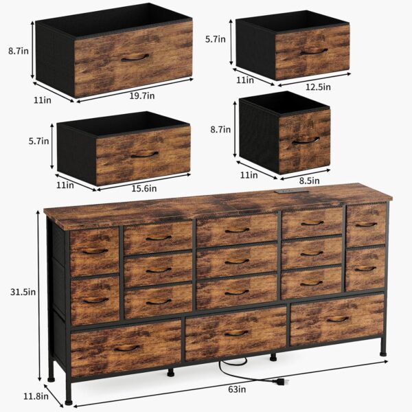 Fixwal 63.3 Inch TV Stand for Bedroom, 16 Large Drawer Dresser, Long TV Stand for 55, 65, 70 Inch TV with Power Outlets, Fabric Chest of Drawers for Bedroom, Living Room, Entryway, Rustic Brown - Image 3