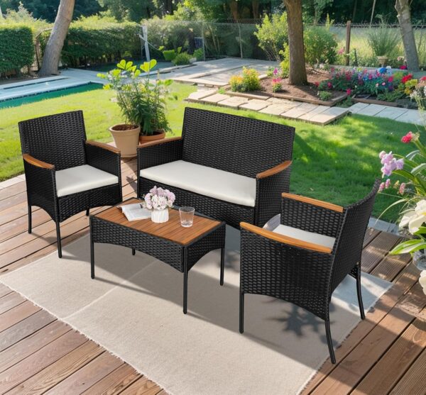 Shintenchi 4-Piece Patio Furniture Set, Outdoor Wicker Patio Conversation Furniture Set with Cushions and Wooden Tabletop for Paito Lawn Backyard, White Cushion - Image 7