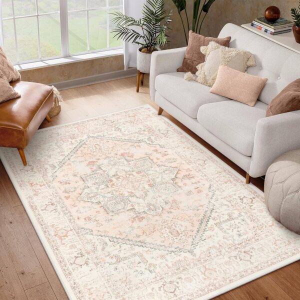 LIVEBOX Pink Area Rug 5x7 - Large Oriental Floral Living Room Rug Vintage Non-Slip Indoor Rug Aesthetic for Bedroom, Soft Retro Carpet Print Distressed Accent Rug for Apartment, Pink - Image 5