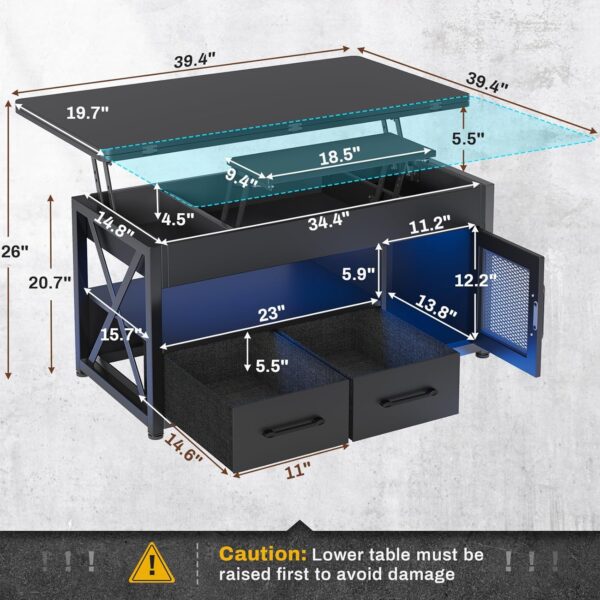 Itaar 40" Lift Top Coffee Table, 4 in 1 Coffee Tables with Storage Cabinet for Living Room, Small Farmhouse Coffee Table with 2 Fabric Drawers & LED Light for Dining Room, Black - Image 2