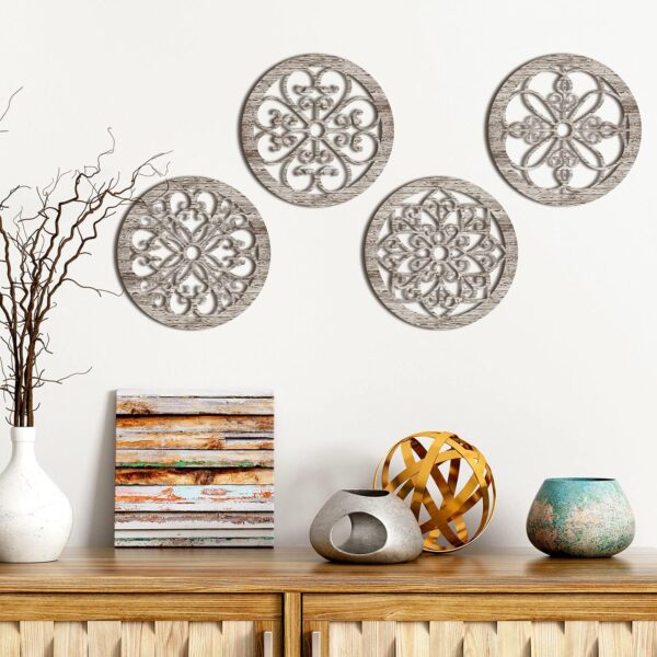 Yulejo 4 Pcs Thicken Rustic Wall Decor Farmhouse Wall Art Wooden Hollow Carved Design Decor Rustic Round Wall Art for Living Room Bedroom Hallway Decor Kitchen Wall (Retro White,9.8 x 9.8 Inch) - Image 3
