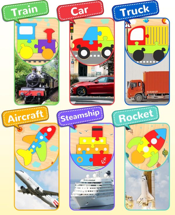 Yetonamr Wooden Toddler Puzzles Gifts Toys for 1 2 3 Years Old Boys Girls, 6 Vehicle Shape Montessori Toys Educational Blocks Kids Toys Gift Baby Learning Toy Age 1-3, 2-4 - Image 4