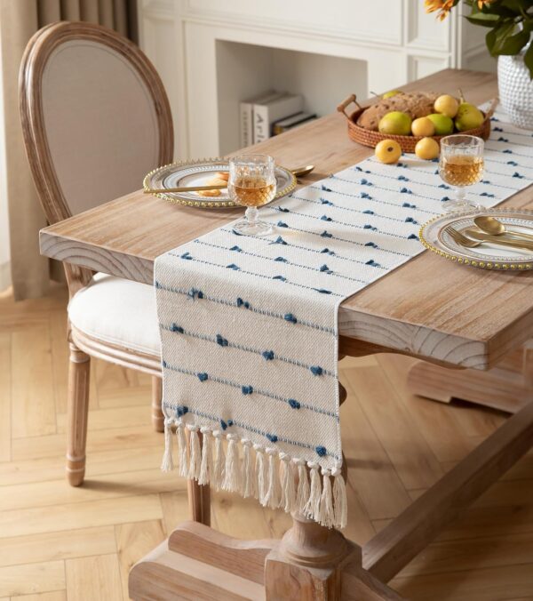 Caflife Boho Table Runner 108 Inchs Long for Modern Farmhouse Room Home Decor, Blue and Beige Coffee Table Runner, Natural Cotton Woven with Tassels Neutral, for Kitchen Dining Table Decor - Image 2