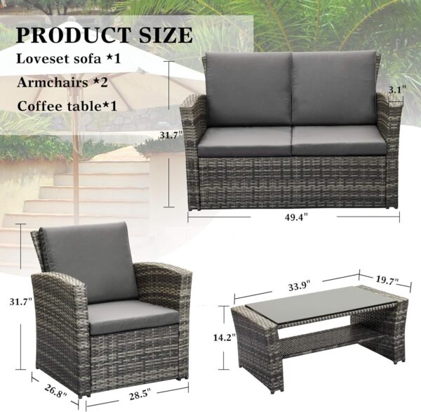 LayinSun 4 Piece Outdoor Patio Furniture Sets, Wicker Conversation Sets, Rattan Sofa Chair with Cushion for Backyard Lawn Garden (Grey) - Image 6