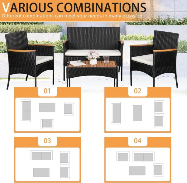Shintenchi 4-Piece Patio Furniture Set, Outdoor Wicker Patio Conversation Furniture Set with Cushions and Wooden Tabletop for Paito Lawn Backyard, White Cushion - Image 6