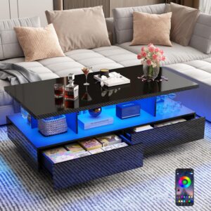 LED Coffee Table w/ 2 Storage Drawers,App Control,High Glossy Modern Black Coffee Table w/60,000-Color Lights,Rectangle 2-Tier Center Table w/Display Shelf for Living Room