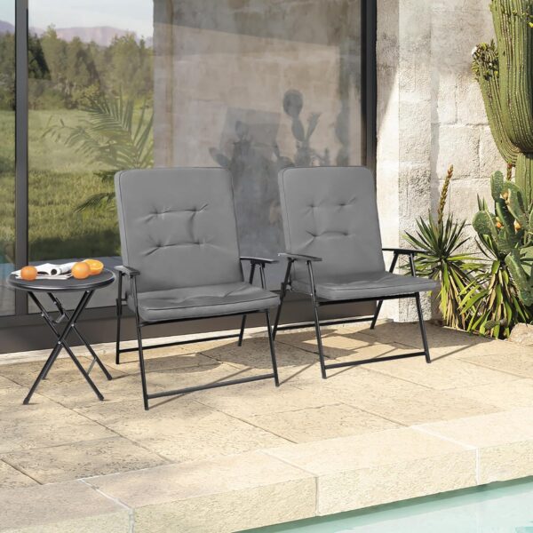 3 Pieces Patio Bistro Set, Outdoor Furniture, Conversation Set with 2 Folding Padded Chairs & Glass Coffee Table for Yard Backyard Lawn Porch Poolside Balcony (Grey) - Image 2