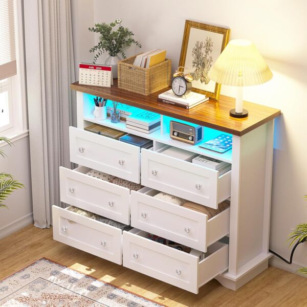 HAIOOU 6 Drawer Dresser for Bedroom White with Power Outlets, LED Double Dressers, Chest of Drawers 47 inch Modern Wooden Storage Organizer with 2 Shelves, Cabinet for Living Room,Hallway - Image 3