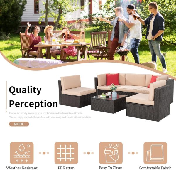 Shintenchi 6 Pieces Patio Furniture Sets Outdoor All-Weather Sectional Patio Sofa Set PE Rattan Manual Weaving Wicker Patio Conversation Set with Glass Table&Ottoman Cushion and Red Pillows, Neutral - Image 4