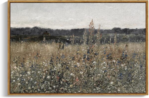 InSimSea Framed Canvas Wall Art Vintage Decor, Landscape Wall Art, Meadow with Flowers Art Decor, Modern Farmhouse Decor, Cottagecore Bedroom Bathroom Office Decor, 24"x36"