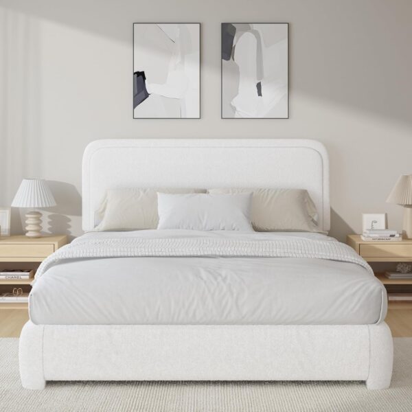 Queen Bed Frame, Boucle Upholstered Platform Bed Frame with Headboard, Modern Style, Soft Rounded Corners, No Box Spring Required, Easy Assembly, White - Image 3