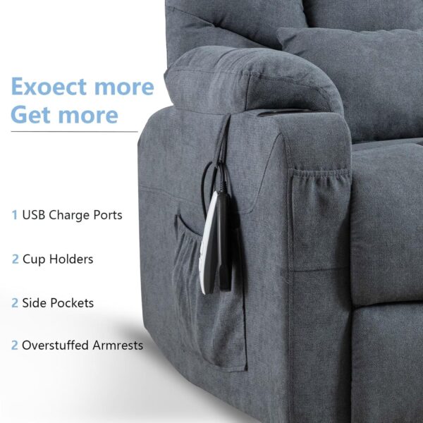 Power Lift Recliner Chair with Massage & Heat for Elderly, Linen Fabric Lazy Recliner Sofa Chairs with Cup Holders/USB/Side Pockets for Living Room - Image 7