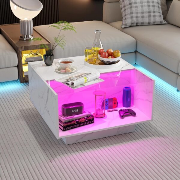 HOME BI LED Coffee Table for Living Room, Center Table with 2 Storage Glass Drawers for Game Night, Unique 16 Colors LED Lights Wood Coffee Tables, White