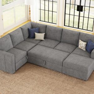 Belffin Modular Sectional Sleeper Sofa with Pull Out Couch, U Shaped Sleeper Pull Out Bed, Convertible Sectional Couches for Living Room, Light Grey