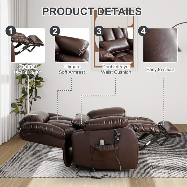 EDILLY Large Genuine Leather Power Lift Recliner Chair for Elderly, Dual Motor with Massage and Heating,with Double Lumbar Cushion and Extended Footrest,USB Port and Remote(Brown) - Image 4