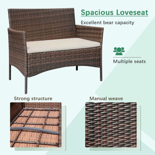 Greesum Patio Furniture 4 Pieces Conversation Sets Outdoor Wicker Rattan Chairs Garden Backyard Balcony Porch Poolside loveseat with Soft Cushion and Glass Table, Brown and Beige - Image 6