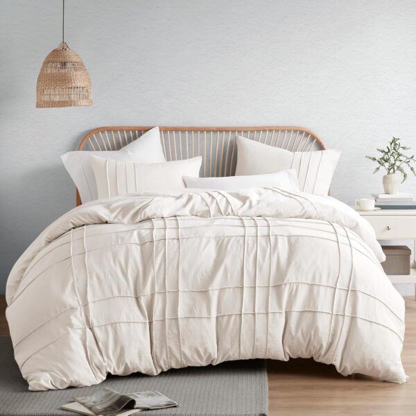 Comfort Spaces Cream Queen Size Duvet Cover Set - 3 Pieces Pintuck Pleated Duvet Cover Queen, All Season Lightweight, Extra Softness Pre-Washed Microfiber Queen Bedding Cover Shams, Full/Queen