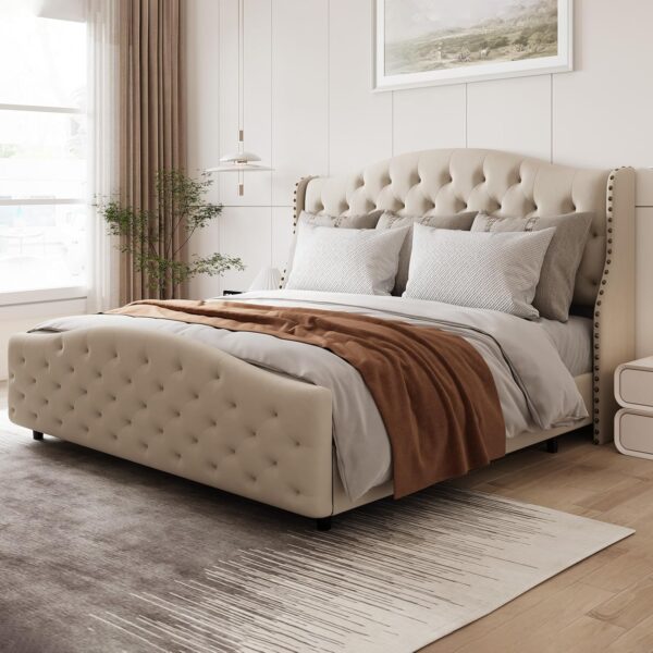 Queen Size Velvet Tufted Upholstered Platform Bed Frame with Raised Wing Back Headboard, Mattress Foundation and Wood Slat Support, No Box Spring Needed, Beige - Image 3