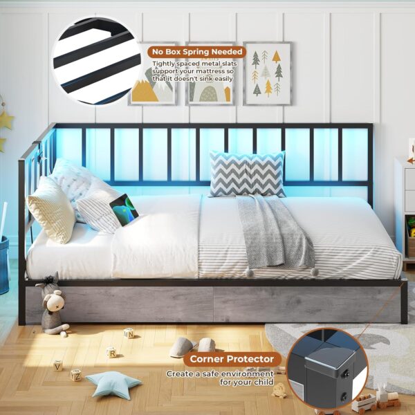 DICTAC Twin XL Corner Bed Frame with Led Lights and 2 Storage Drawers Metal Platform Bed Frame with Charging Station Modern Twin XL Daybed Frame for Living Room, Bedroom and Guest Room, Black & Gray - Image 7