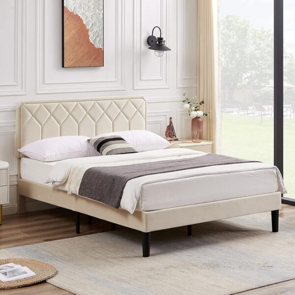 VECELO Full Size Bed Frame Premium Velvet Upholstered Platform with Height Adjustable Headboard/Mattress Foundation, Solid Wooden Slat Support, No Box Spring Needed/Easy Assembly - Image 3