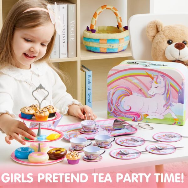 JOYIN 35Pcs Unicorn Tea Party Set for Little Girls, Pretend Tin Teapot Set, Princess Tea Time Play Kitchen Toy with Dessert, Doughnut, Carrying Case for Birthday Easter Gifts Kids Toddlers Age 3 4 5 6 - Image 7