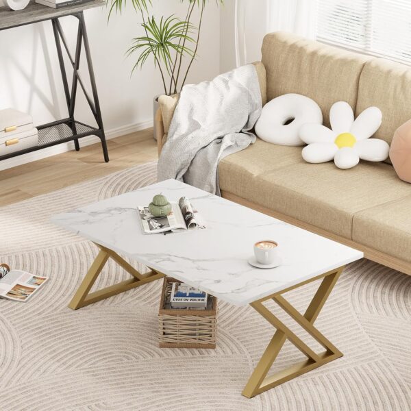Coffee Table Living Room Table White Center Table, Simple Modern Faux Marble Rectangular Tea Table with Sturdy Gold-Finished Metal Frame,Industrial Wooden Coffee Table for Bedroom Home Office - Image 2
