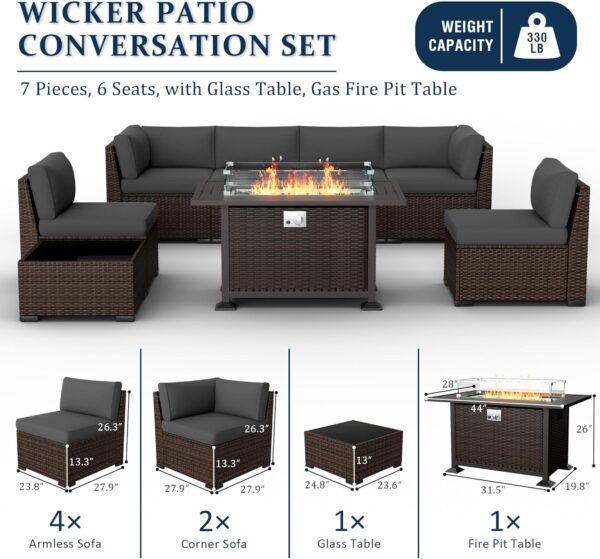 8 Pieces Outdoor Patio Furniture Set with 44" Fire Pit Table Rattan Sectional Conversation Sets w/Gas Fire Pit, Coffee Table, 2 Waterproof Covers, Dark Grey - Image 7
