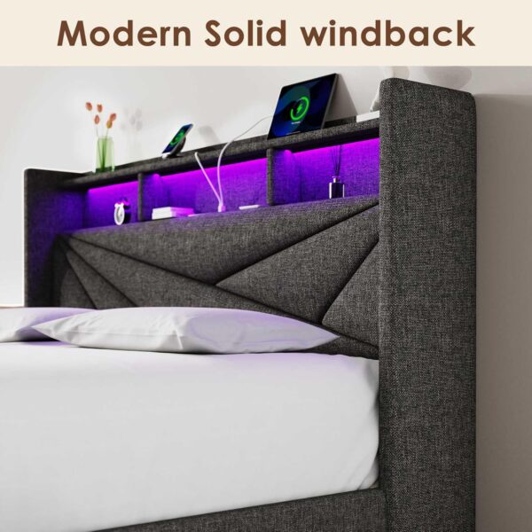 LED Full Size Bed Frame with 2 Storage Drawers, Upholstered Full Bed Frame with Headboard and Charging Station, No Box Spring Needed, Easy to Assembly-Dark Grey - Image 6