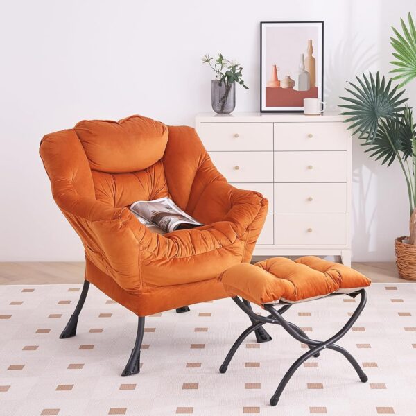 Lazy Chair with Ottoman, Modern Chair with Folding Footrest, Lounge Accent Chair, Comfortable Reading Chair, Oversized Armchairs for Bedroom, Study, Living Room, Courtyard (Velvet Orange) - Image 5