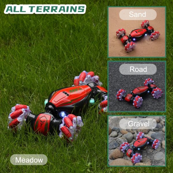 Gesture Sensing RC Stunt Car - Christmas Red, Best Birthday Gifts for Kids 6-12, Hand Remote Control Double Side Twist Cars Toys with Light Music, 4 WD Drift Off Road for Rotation - Image 4