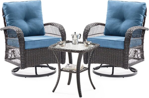 UDPATIO 3 Pieces Patio Furniture Set, Outdoor Swivel Gliders Rocker, Wicker Patio Bistro Set with Rattan Rocking Chair, Glass Top Side Table and Thickened Cushions for Porch Deck Backyard (Blue)