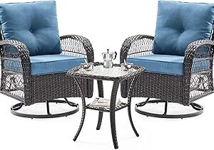 UDPATIO 3 Pieces Patio Furniture Set, Outdoor Swivel Gliders Rocker, Wicker Patio Bistro Set with Rattan Rocking Chair, Glass Top Side Table and Thickened Cushions for Porch Deck Backyard (Blue)