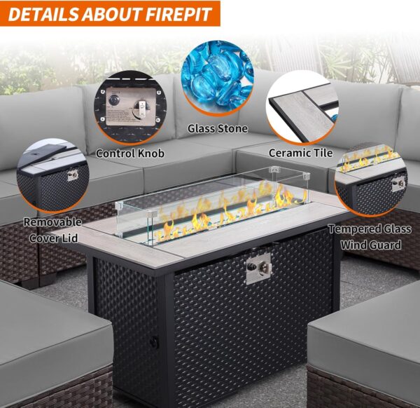 Valita 9-Piece Patio Rattan Furniture Set with Gas Fire Pit Table Outdoor Sectional Conversation Couch Brown PE Wicker Sofa with Washable Gray Cushions - Image 5