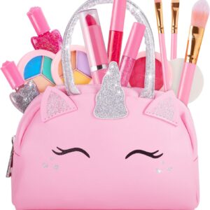 Kids Real Makeup Kit for Little Girls: with Pink Unicorn Purse - Real, Non Toxic, Washable Make Up Toy - Gift for Toddler Young Children Pretend Play Set Vanity for Ages 3 4 5 6 7 8 9 10 Years Old