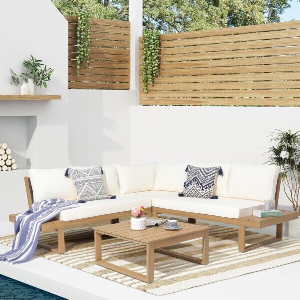 Soleil Jardin 4 Piece Acacia Wood Patio Furniture L-Shaped Outdoor Sectional Sofa Set with Coffee Table, FSC Certified Conversation Set with Built-in Side Table and Cream White Cushions for Garden - Image 2