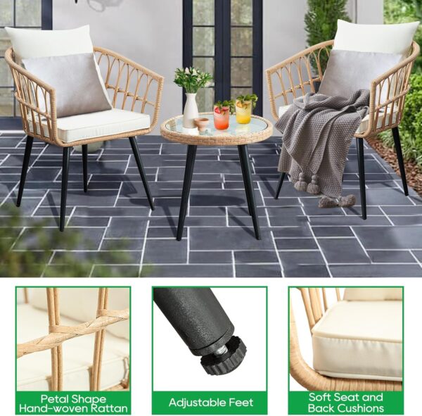 3 Piece Patio Bistro Set, Outdoor Wicker Apartment Balcony Furniture Sets, Rattan Table and Chairs Set of 2 for Porch Backyard Lawn Poolside Deck, Beige - Image 4