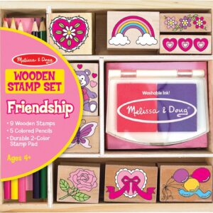 Melissa & Doug Wooden Stamp Set: Friendship - 9 Stamps, 5 Colored Pencils, and 2-Color Stamp Pad - FSC Certified