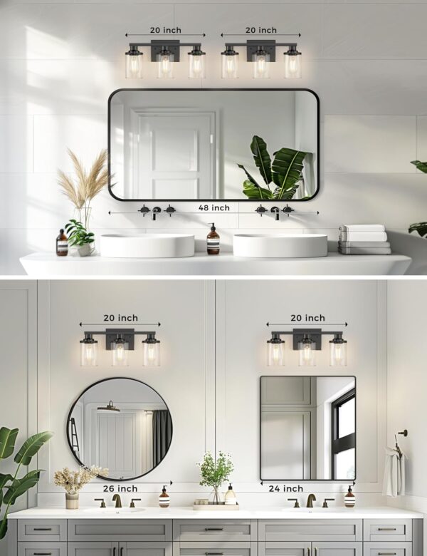 DORESshop 20 Inch Bathroom Light Fixtures, 3-Light Black Bathroom Lighting Fixtures Over Mirror with Clear Glass Shade, Vanity Lights for Bathroom Living Room Bedroom, ETL Listed - Image 3