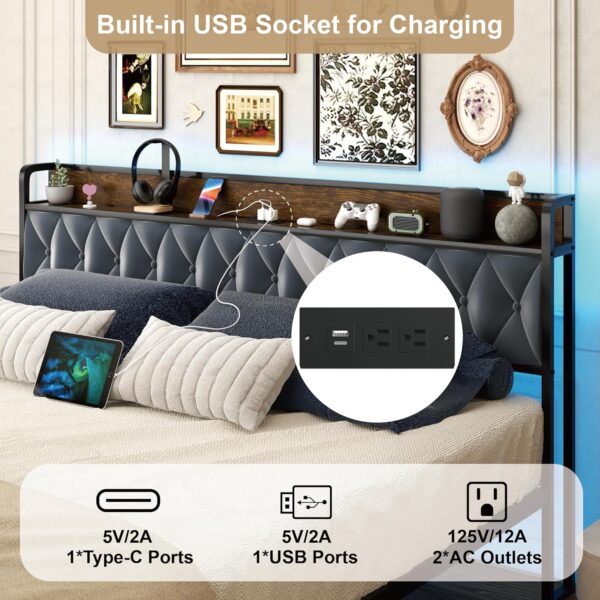 Queen Bed Frame with LED Light & Power Outlet, Queen Platform Bed with Upholstered Headboard and Storage Cabinet, Sturdy Wooden Slats Support, No Box Spring Needed - Image 3