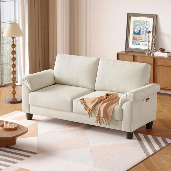 70" Living Room Couch Sofa, Mid Century Modern Loveseat with Storage Bag, Velvet Deep Couches for Small Spaces, Bedroom, Apartment, Office, Removable Sofa Cover Spring Cushions, Easy to Install, Beige